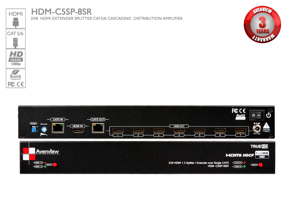 2x8 HDMI Extender / Splitter over Single CAT5 Cascading Distribution ...